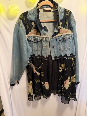 Light Blue Denim Jacket with Black Floral Panels - Reworked Boho Style